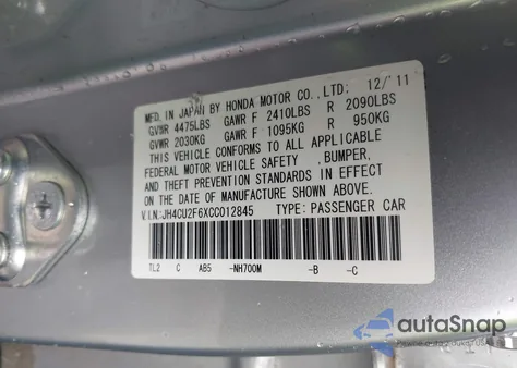 2012 Acura Tsx 2.4 from USA, damaged, VIN JH4CU2F6XCC012845